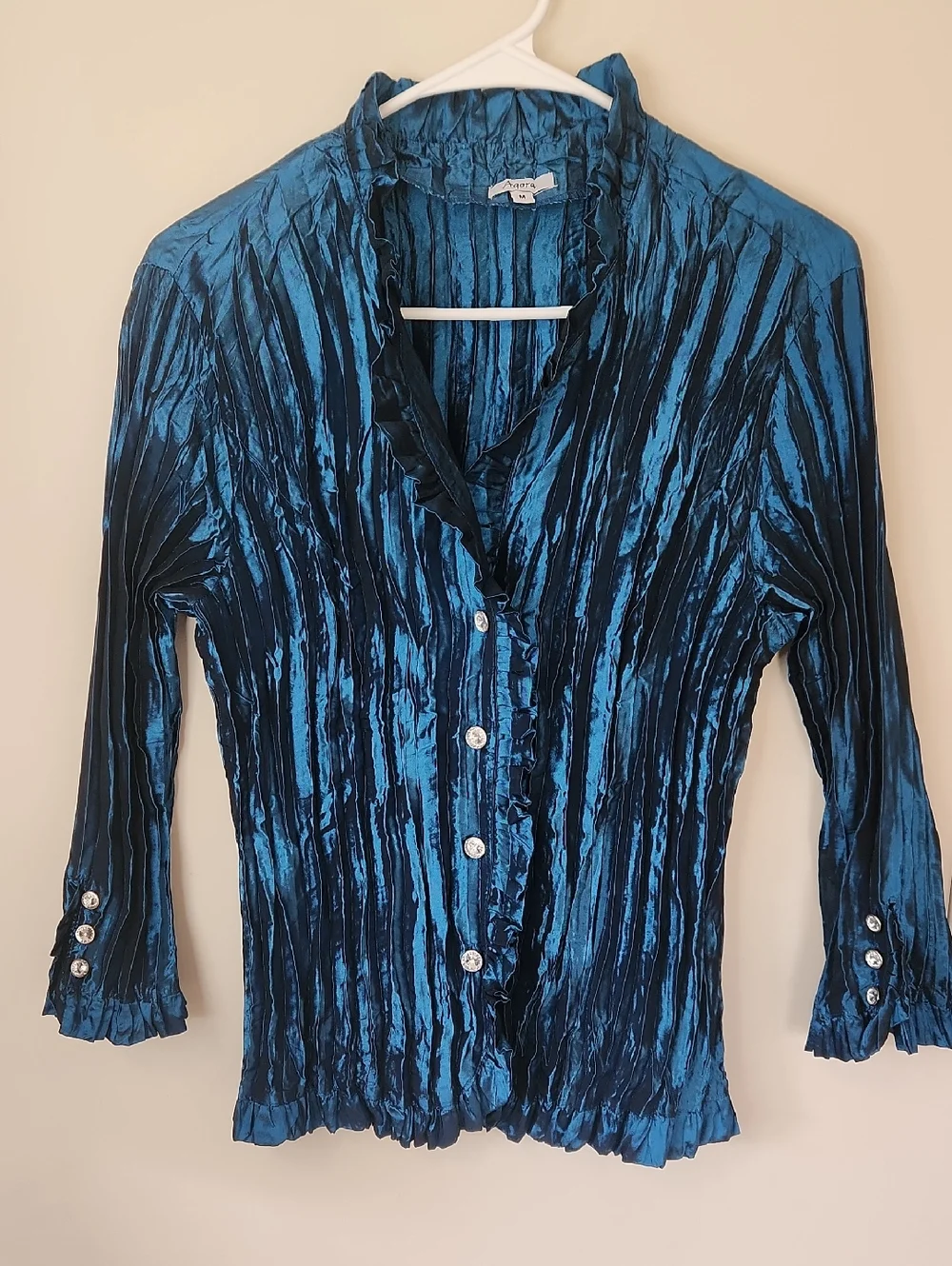 Agora Blue Vint. Crinkle Bouse Rhinestone Buttons. Size M - Picture 3 of 11